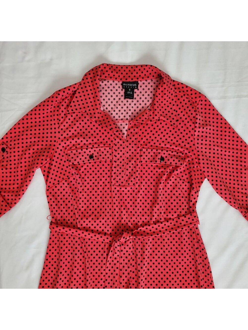 Enfocus Studio Women's Red Black Polka Dot High-Low Hem Shirt Dress Size 8 - Picture 6 of 9